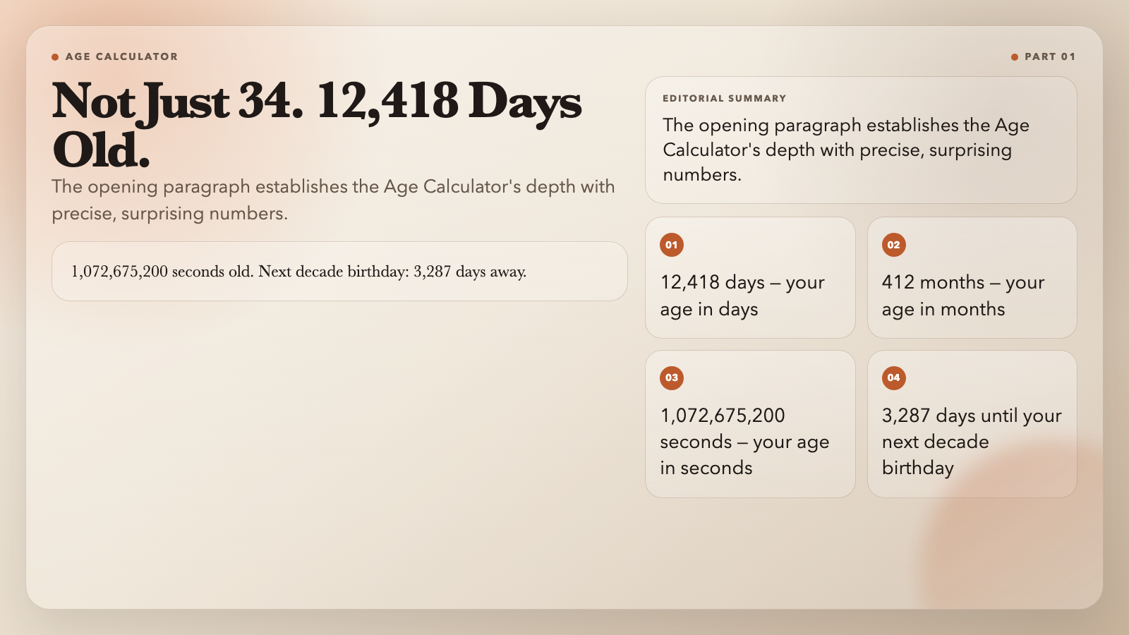 Age Calculator: 12,418 days, 1,072,675,200 seconds