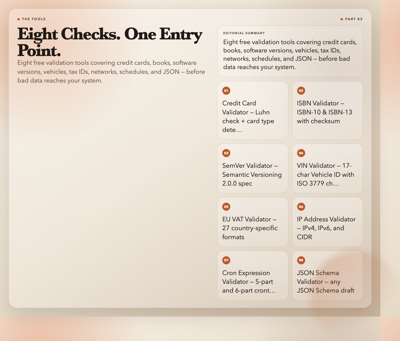 Eight Validation Tools — 2–4% card entry errors, 20–30% DB errors within 2 years