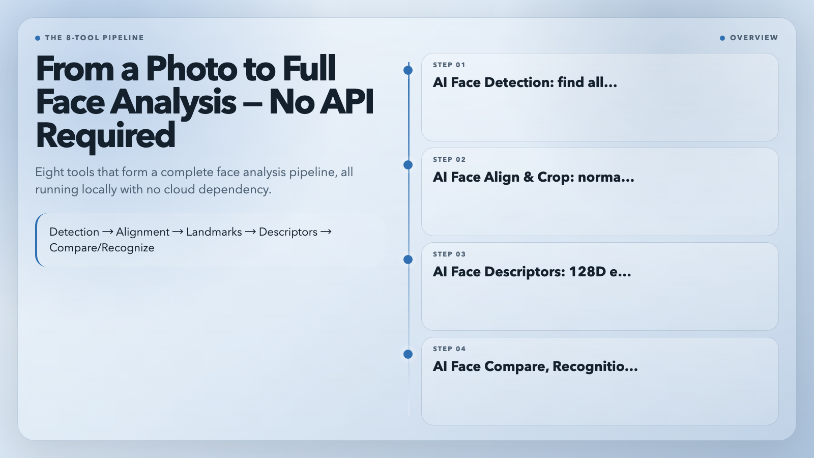 The 8-tool face analysis pipeline: Detection → Alignment → Landmarks → Descriptors → Compare/Recognize