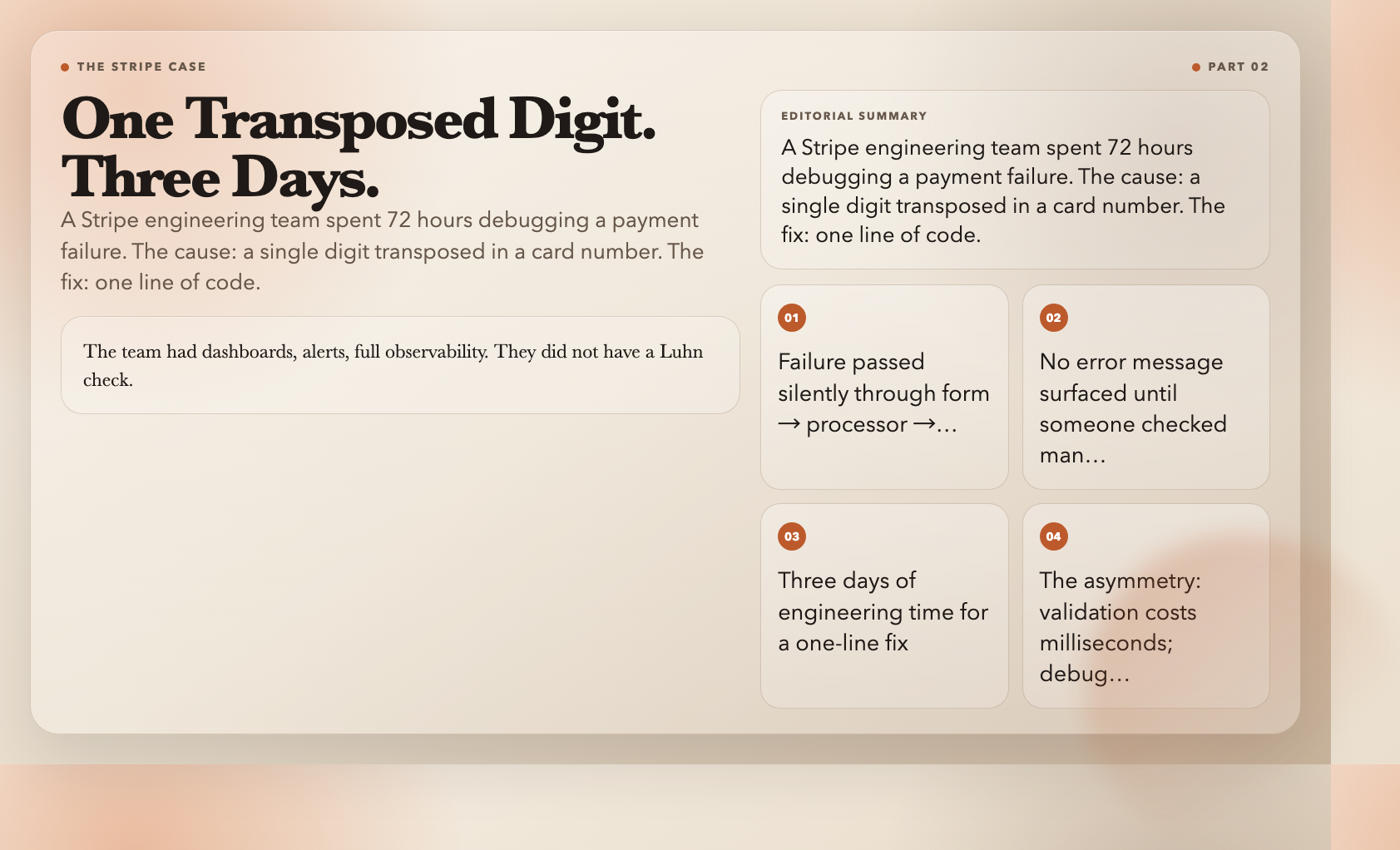Stripe debugging case — three days of engineering time for a one-line fix