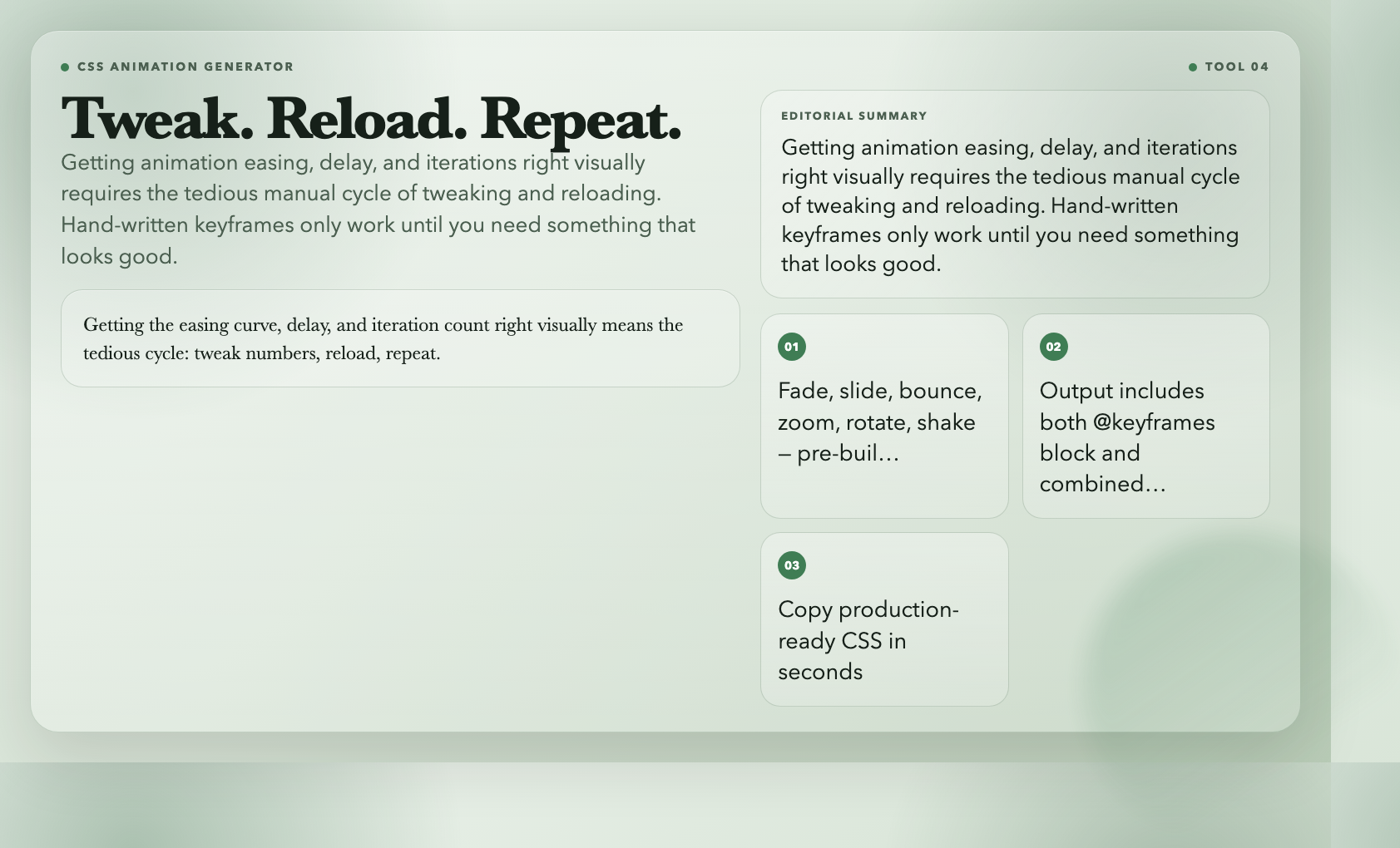 Tweak Reload Repeat — CSS Animation Generator