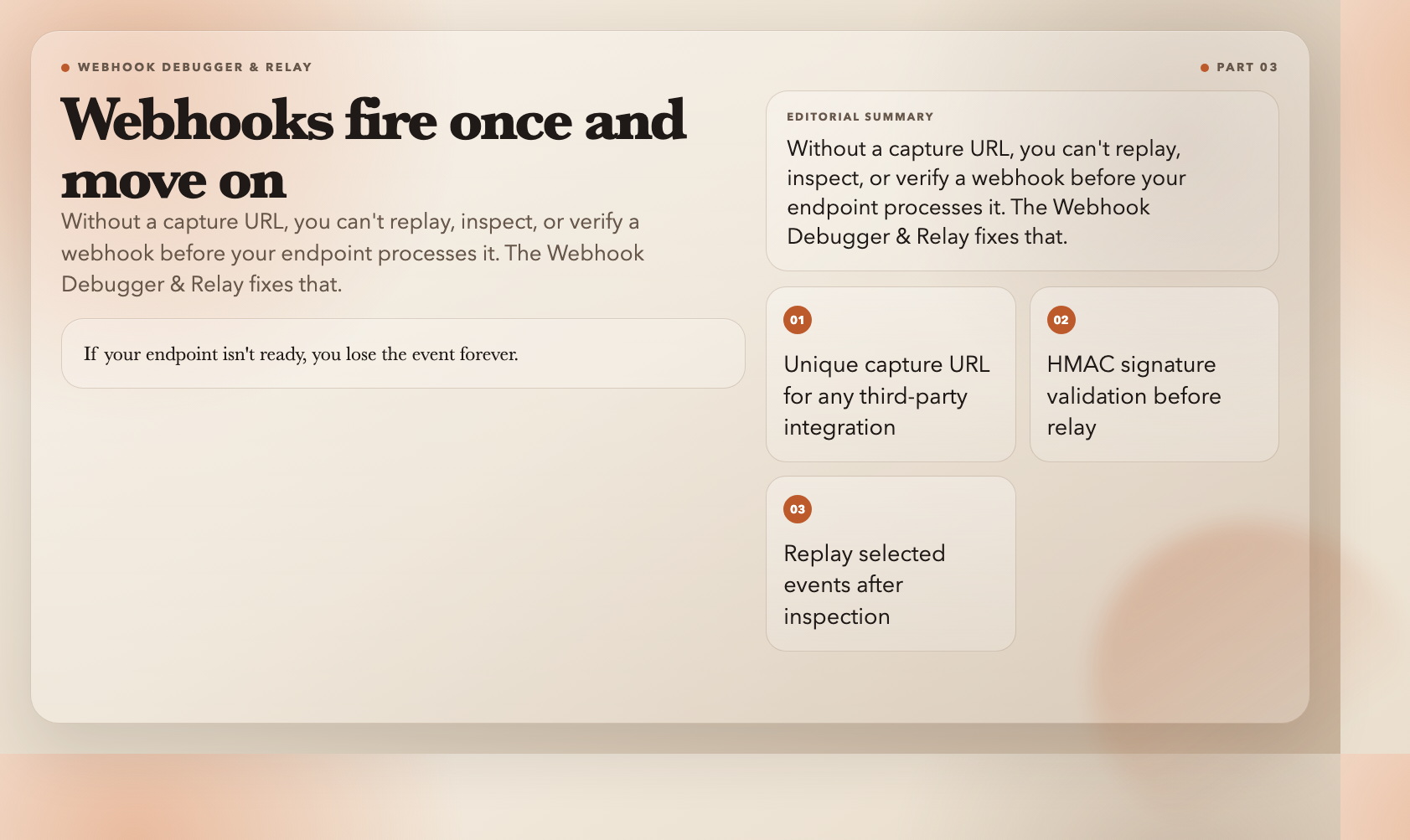 Webhooks fire once and move on
