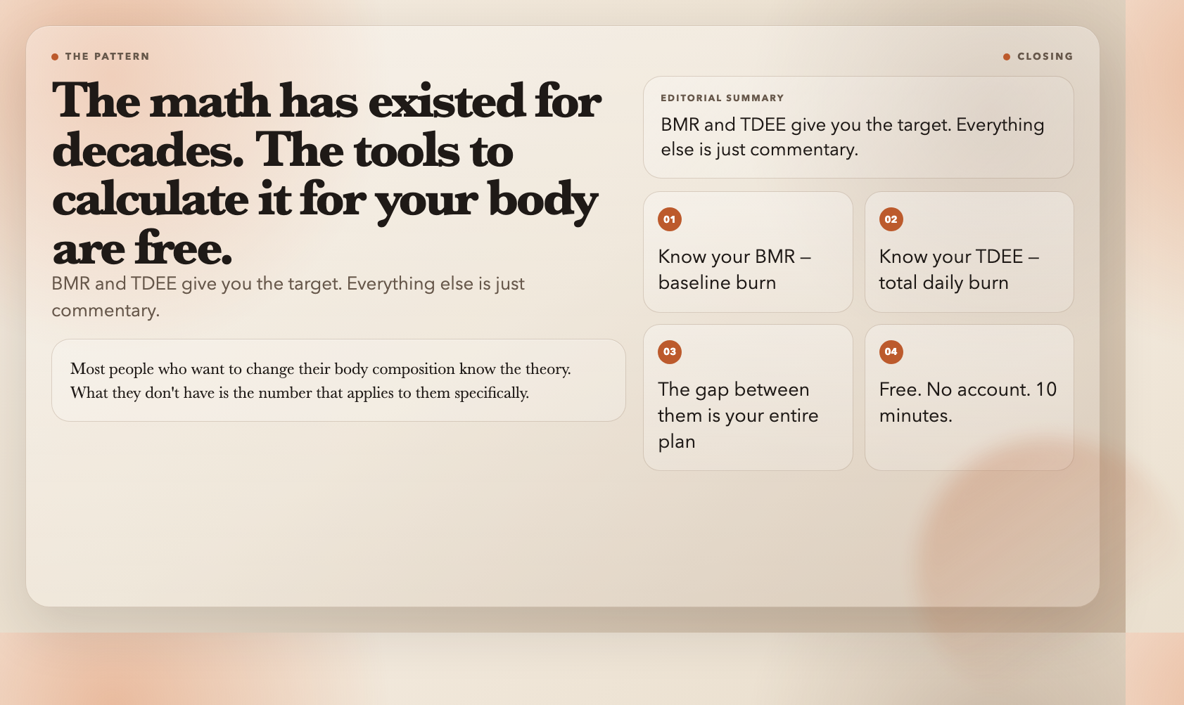 Closing - The math has existed for decades. The tools to calculate it for your body are free.