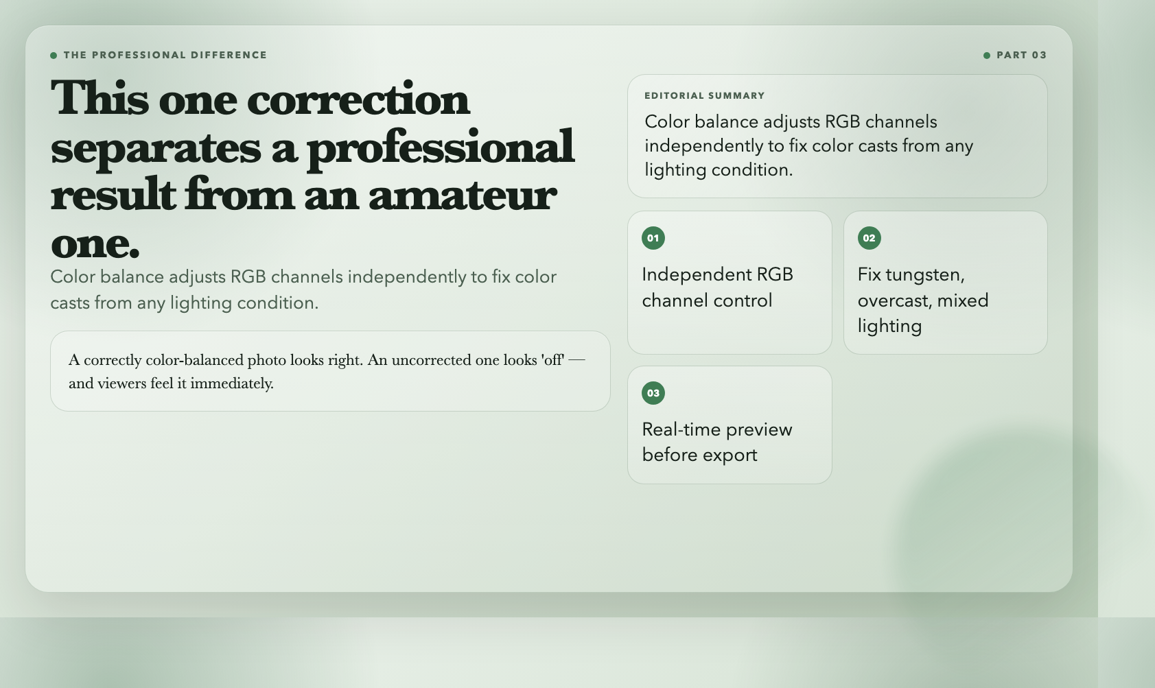 The professional difference: color balance is the correction that separates a professional result from an amateur one