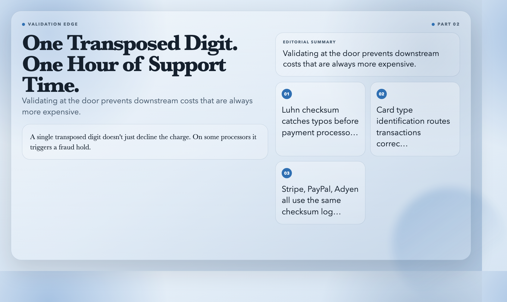 Credit card validation: one transposed digit, one hour of support time
