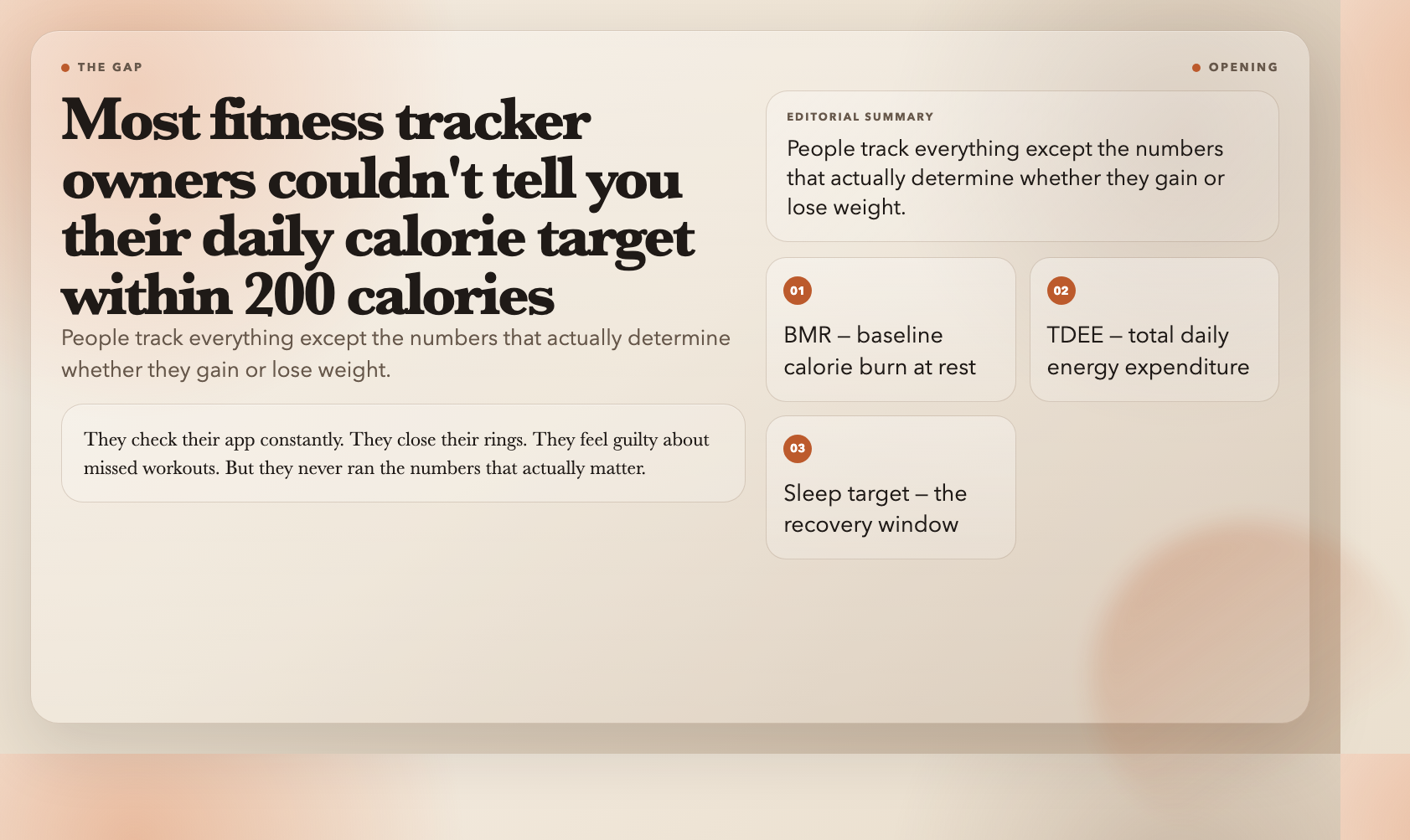 Opening hook - Most fitness tracker owners couldn't tell you their daily calorie target