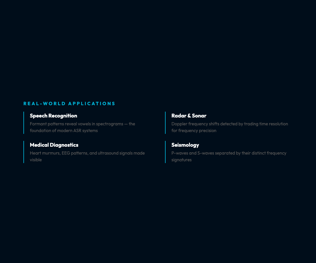 Real-world applications: speech, radar, medicine, seismology