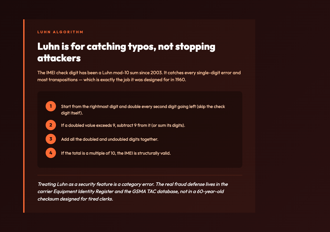 Highlight card: Luhn is for catching typos not stopping attackers - 4 step algorithm