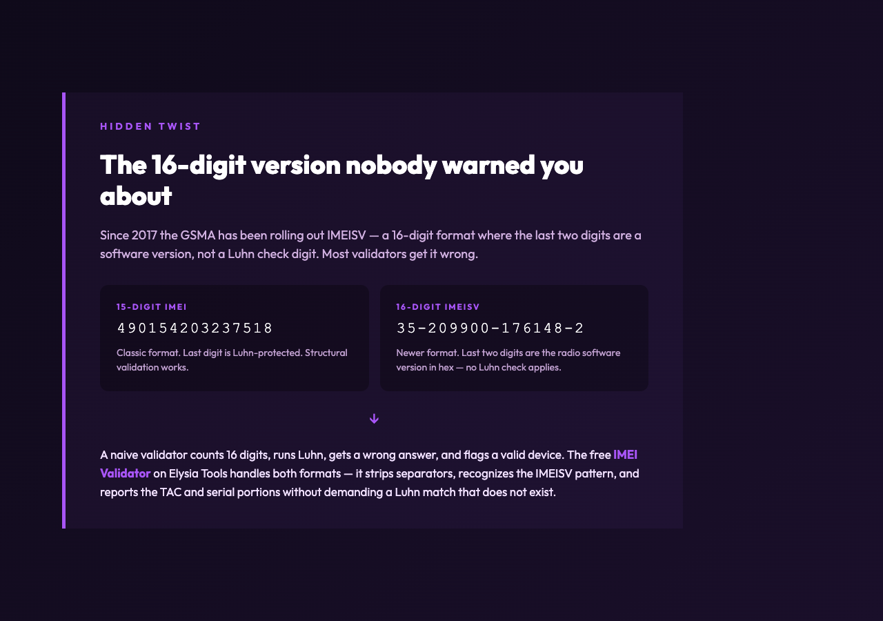 Highlight card: The 16 digit version nobody warned you about - IMEISV format comparison