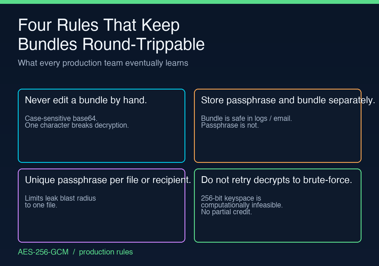 Four rules that keep AES bundles round trippable: never edit by hand, store passphrase separately, unique passphrase per file, do not retry