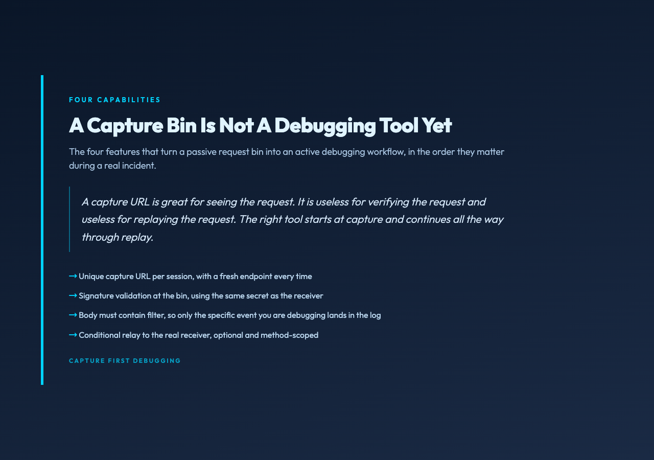 Highlight card: Four capabilities of a capture first debugging bin
