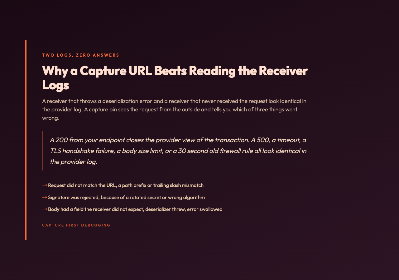 Highlight card: Why a capture URL beats reading the receiver logs