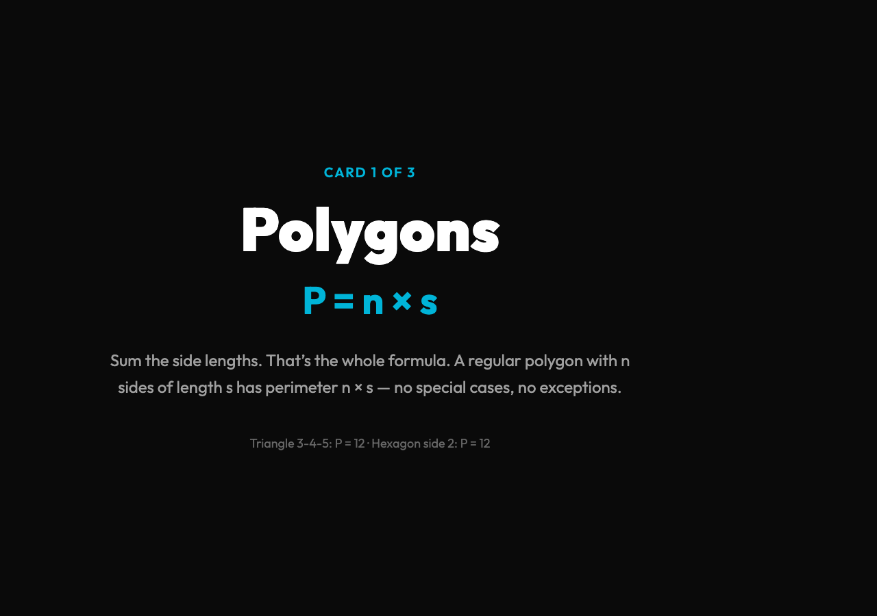 Polygons: P = n × s — perimeter is just the sum of side lengths, no special cases