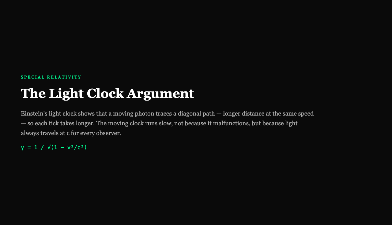 The Light Clock Argument: Einstein's light clock shows that moving photon paths lengthen each tick