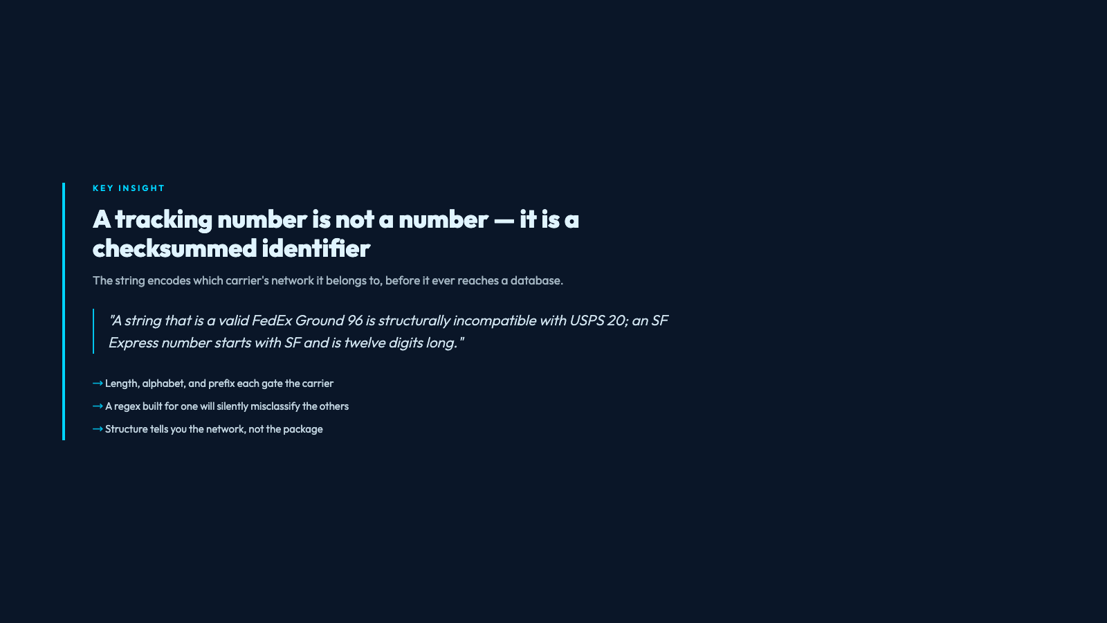 A tracking number is a checksummed identifier, not a number
