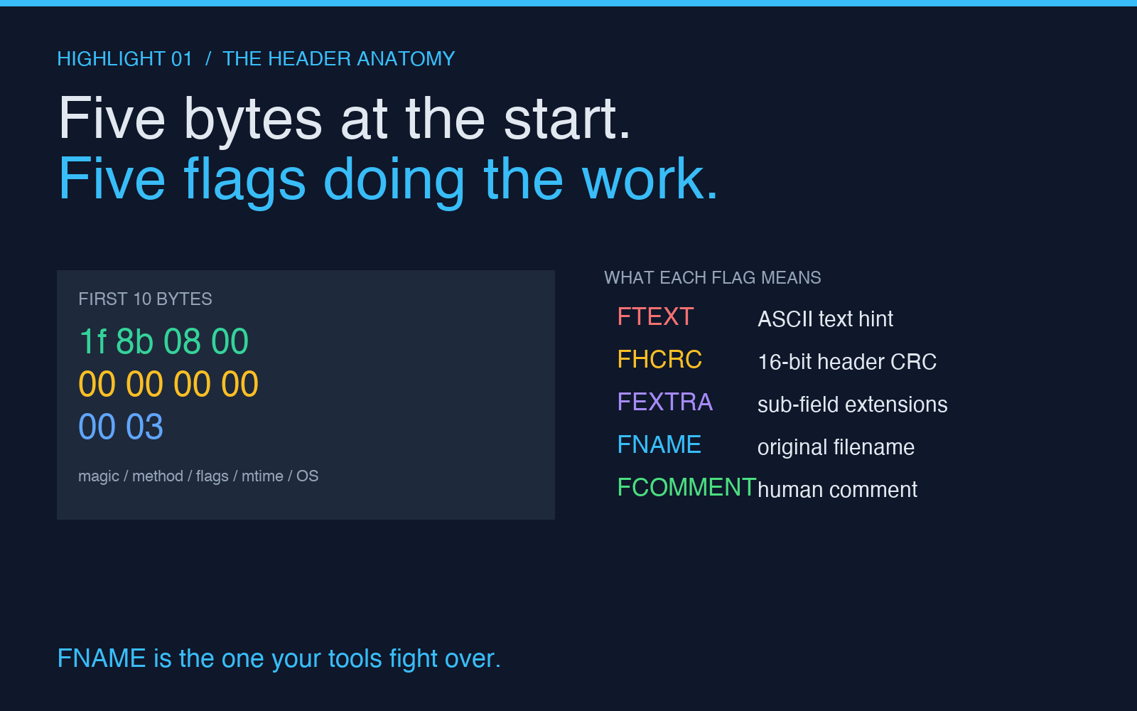 Five bytes at the start. Five flags doing the work.