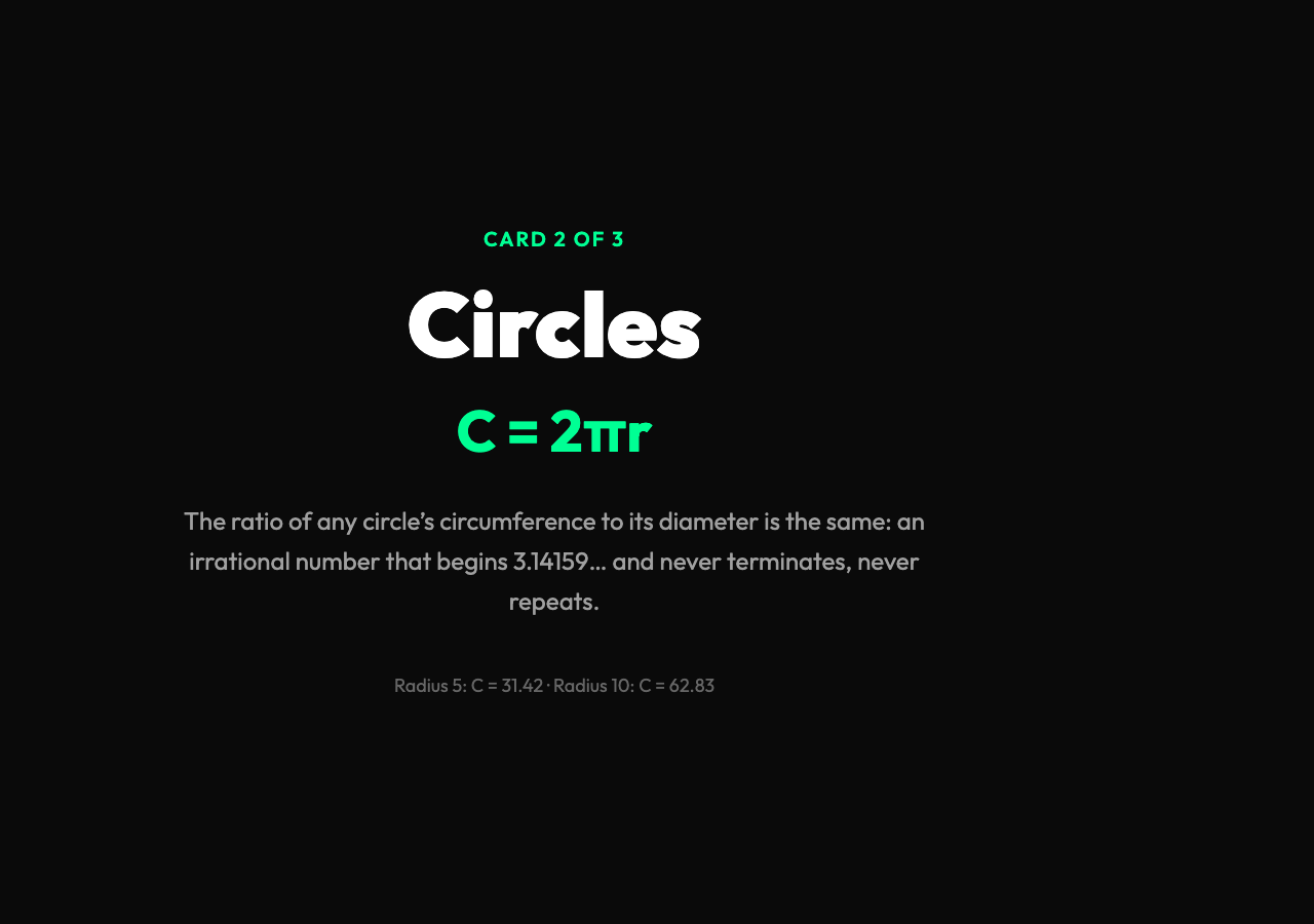 Circles: C = 2πr — the ratio of circumference to diameter is the same for every circle