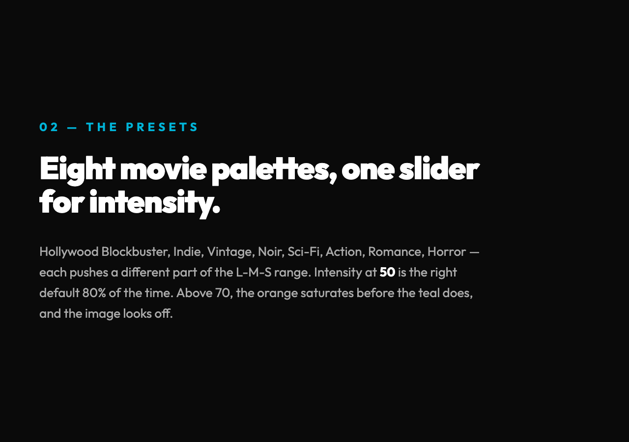 Eight movie presets, one intensity slider. Hollywood Blockbuster, Indie, Vintage, Noir, Sci-Fi, Action, Romance, Horror.