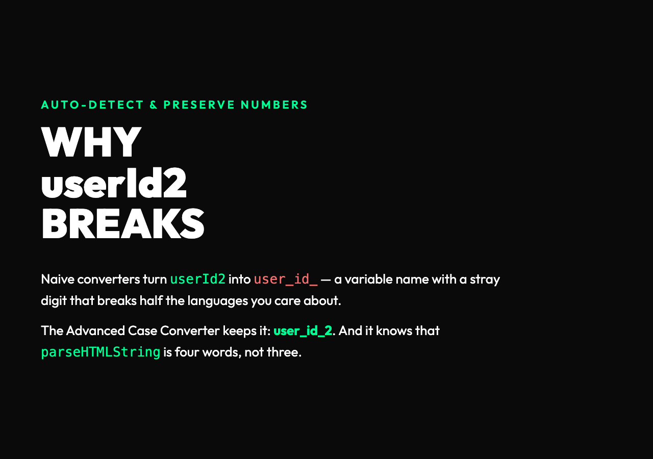 Why userId2 breaks naive converters: the preserve-numbers toggle keeps the digit attached to the right word. parseHTMLString is four words, not three.