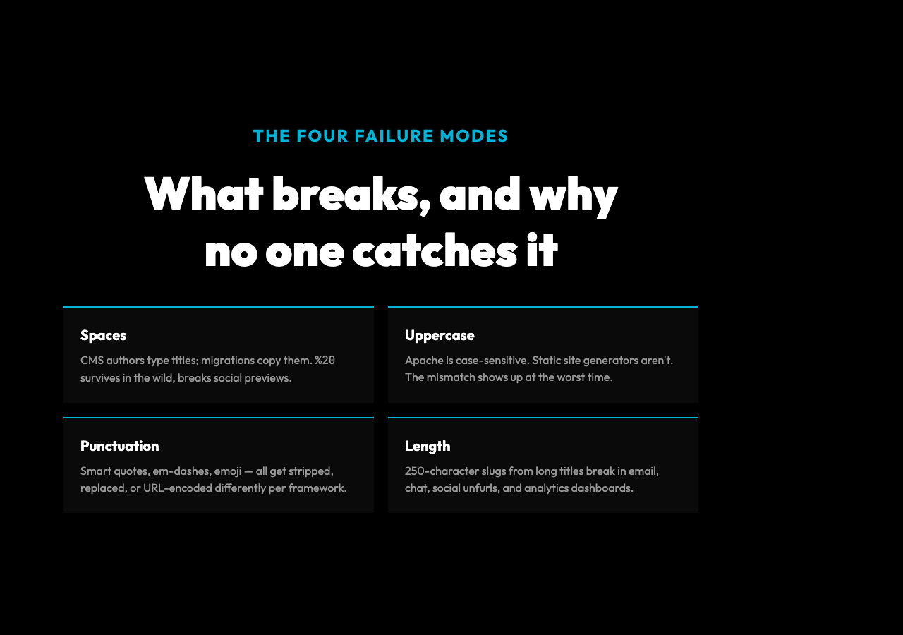 The four failure modes no one catches manually: spaces, uppercase, punctuation, and excessive length. Each breaks social previews, parsers, or analytics.