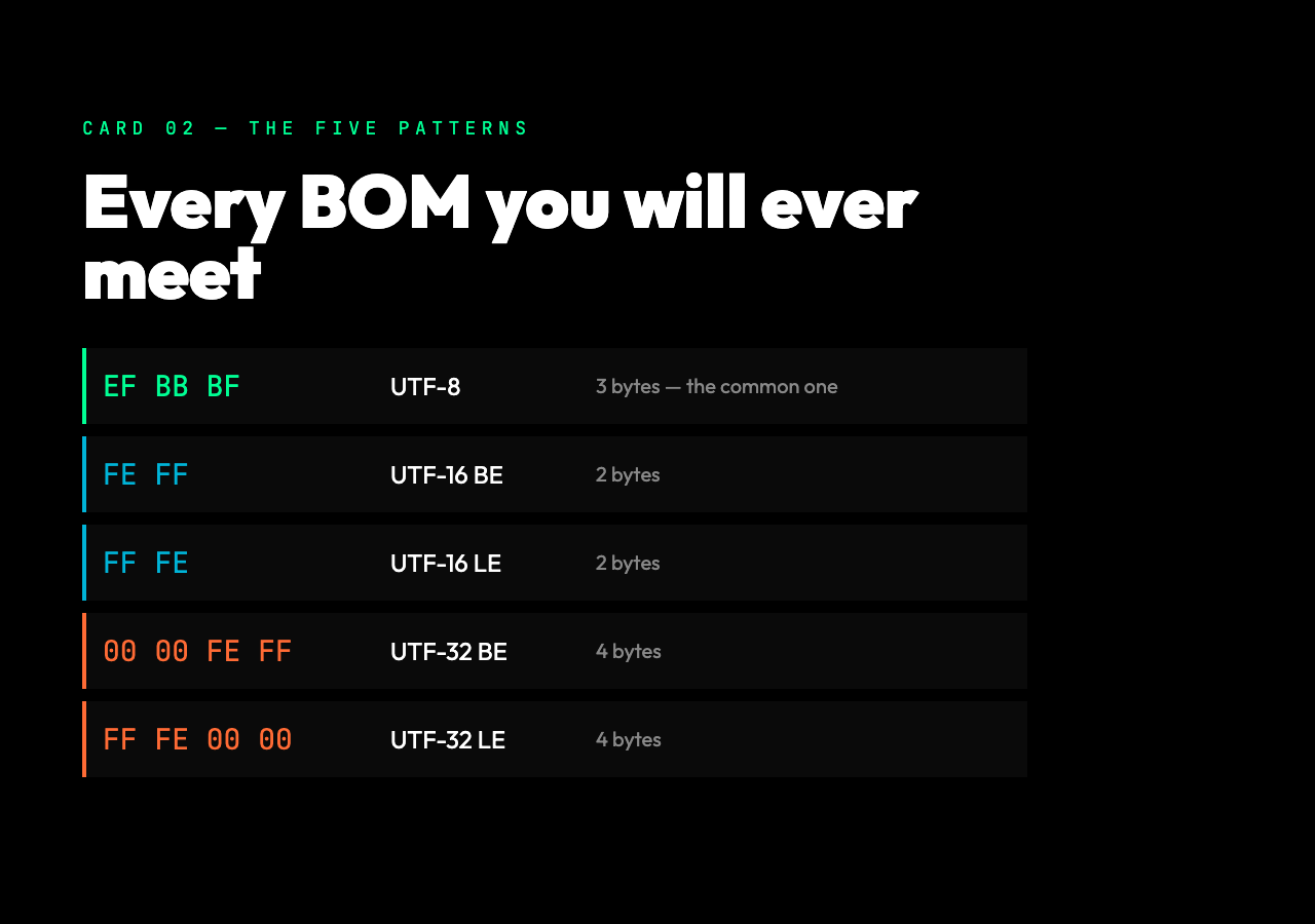 Every BOM you will ever meet: UTF-8 (EF BB BF, 3 bytes), UTF-16 BE (FE FF, 2 bytes), UTF-16 LE (FF FE, 2 bytes), UTF-32 BE (00 00 FE FF, 4 bytes), UTF-32 LE (FF FE 00 00, 4 bytes).