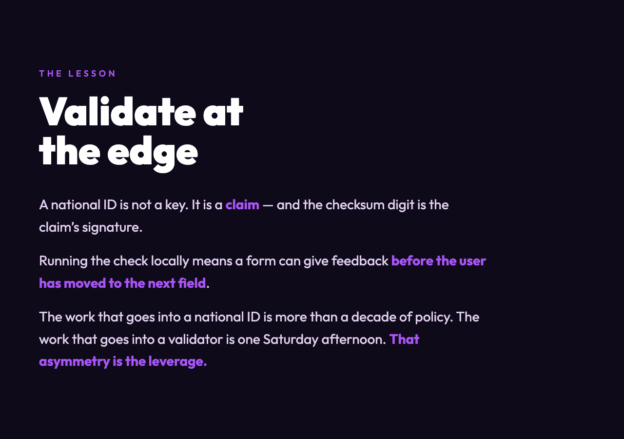 Why local validation is the leverage: edges, not backends — the asymmetry between national ID policy and validator code