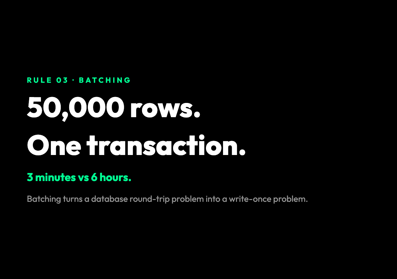 Batching changes the failure surface: 50,000 rows in one transaction is the difference between a 3-minute load and a 6-hour load.