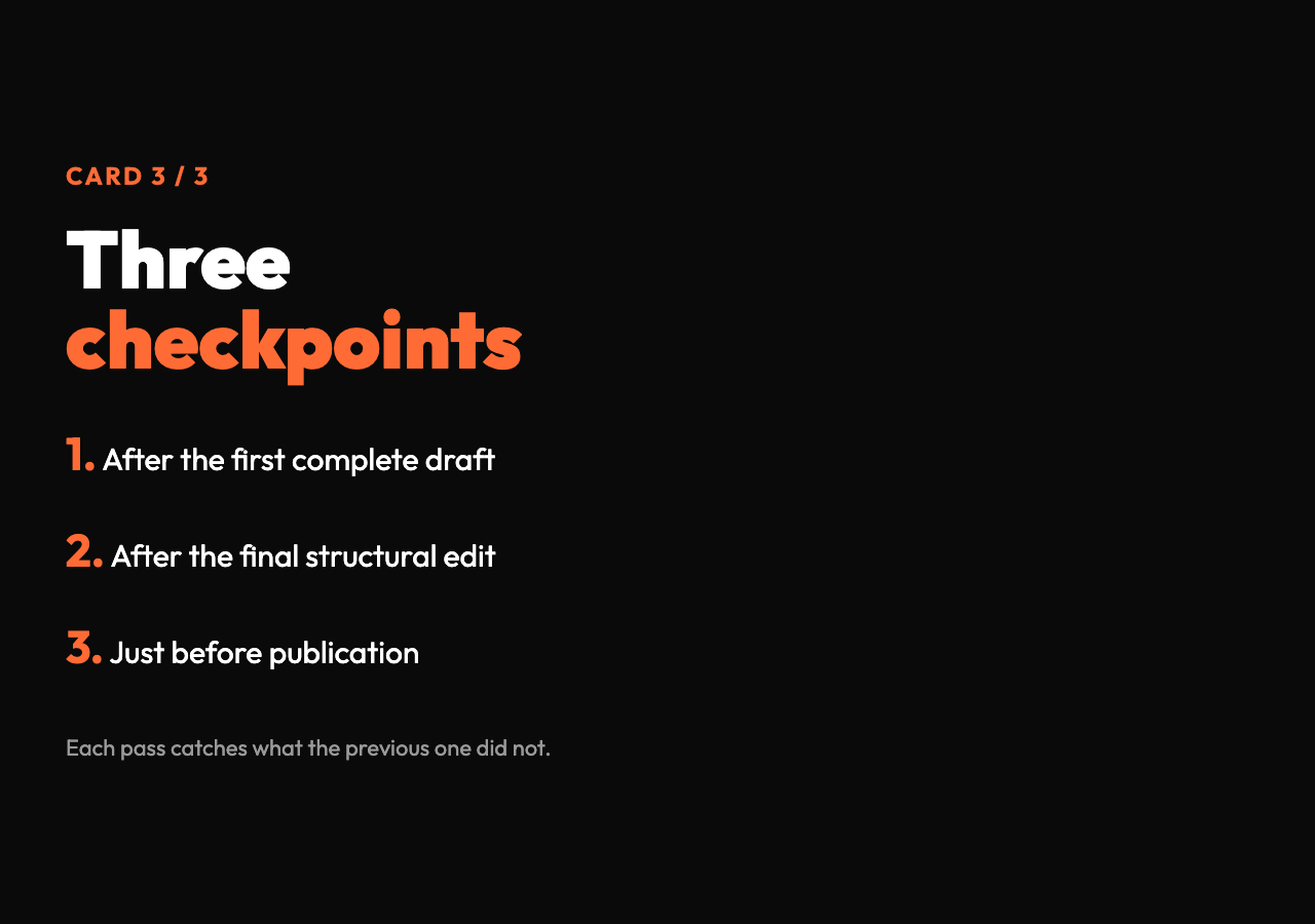 The three-checkpoint workflow: extract links after the first complete draft, after the final structural edit, and just before publication. Each pass catches what the previous one missed.