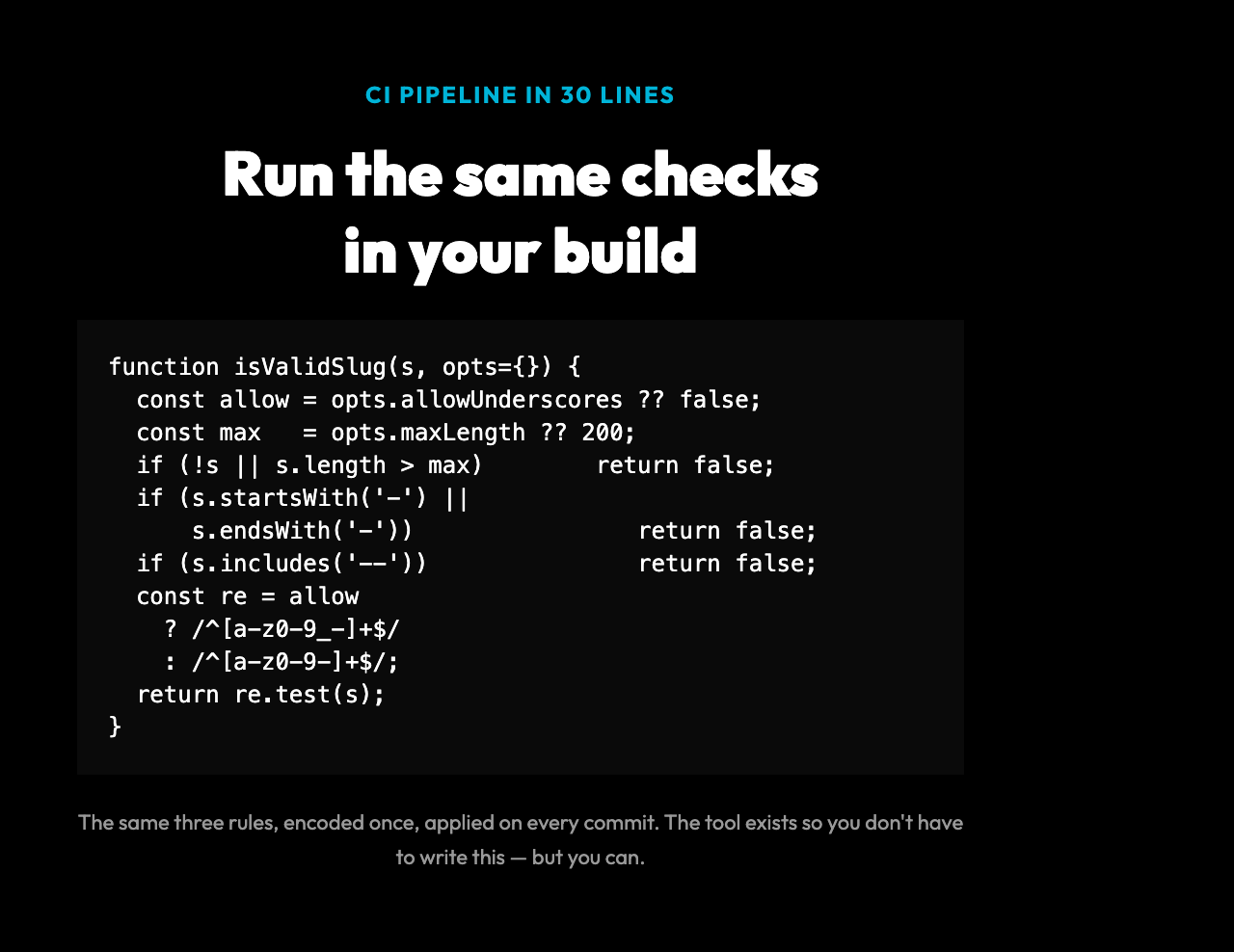 Slug validation in 30 lines of JavaScript: a regex with three checks — pattern, hyphen placement, max length — runnable in CI on every commit.