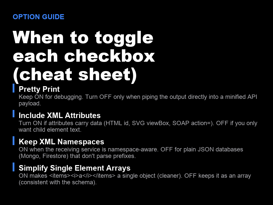 When to toggle each XML to JSON converter checkbox