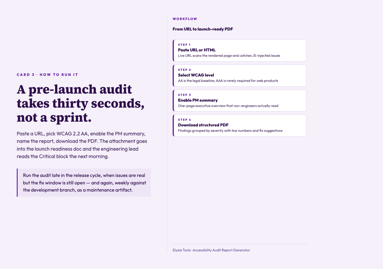 Paste a URL, pick AA, enable the PM summary, and download a structured PDF in thirty seconds.