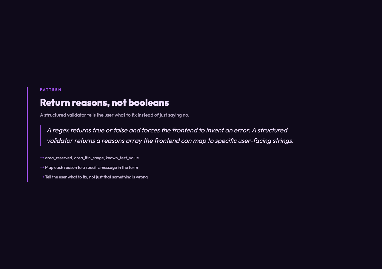 Highlight card: Return reasons not booleans - structured validator surfaces specific error types