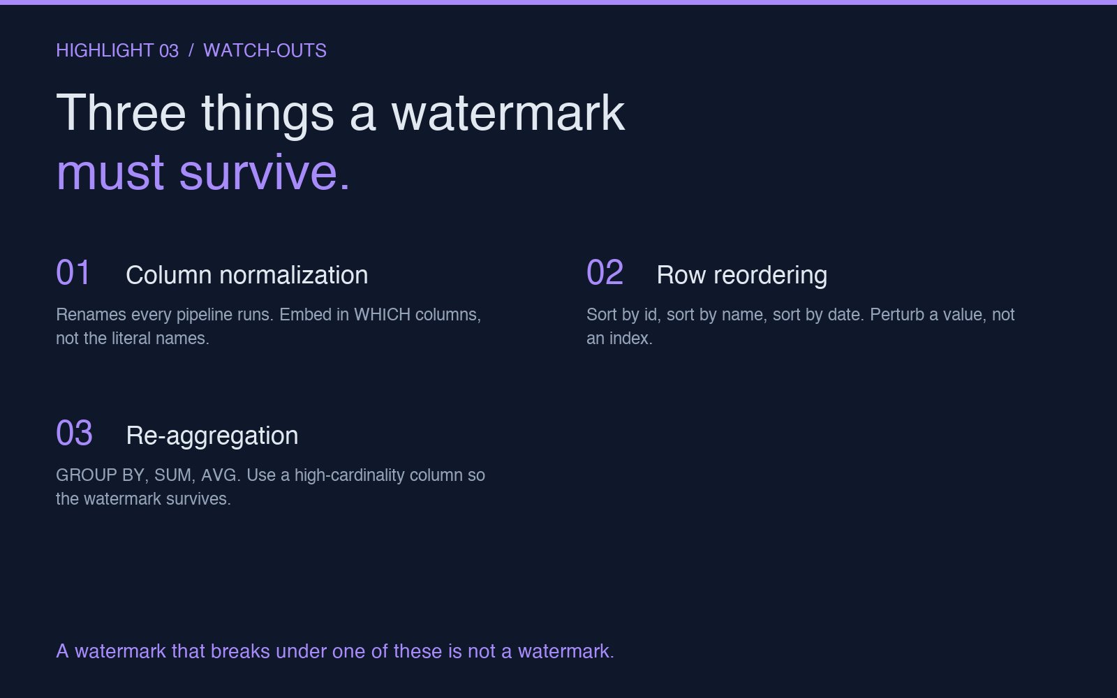 Highlight card 3 - three things a watermark must survive