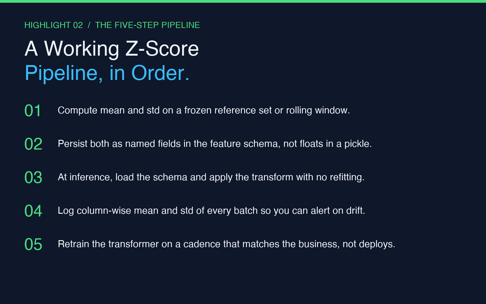 Five-step working pipeline for Z-score feature engineering with frozen constants and drift alerts