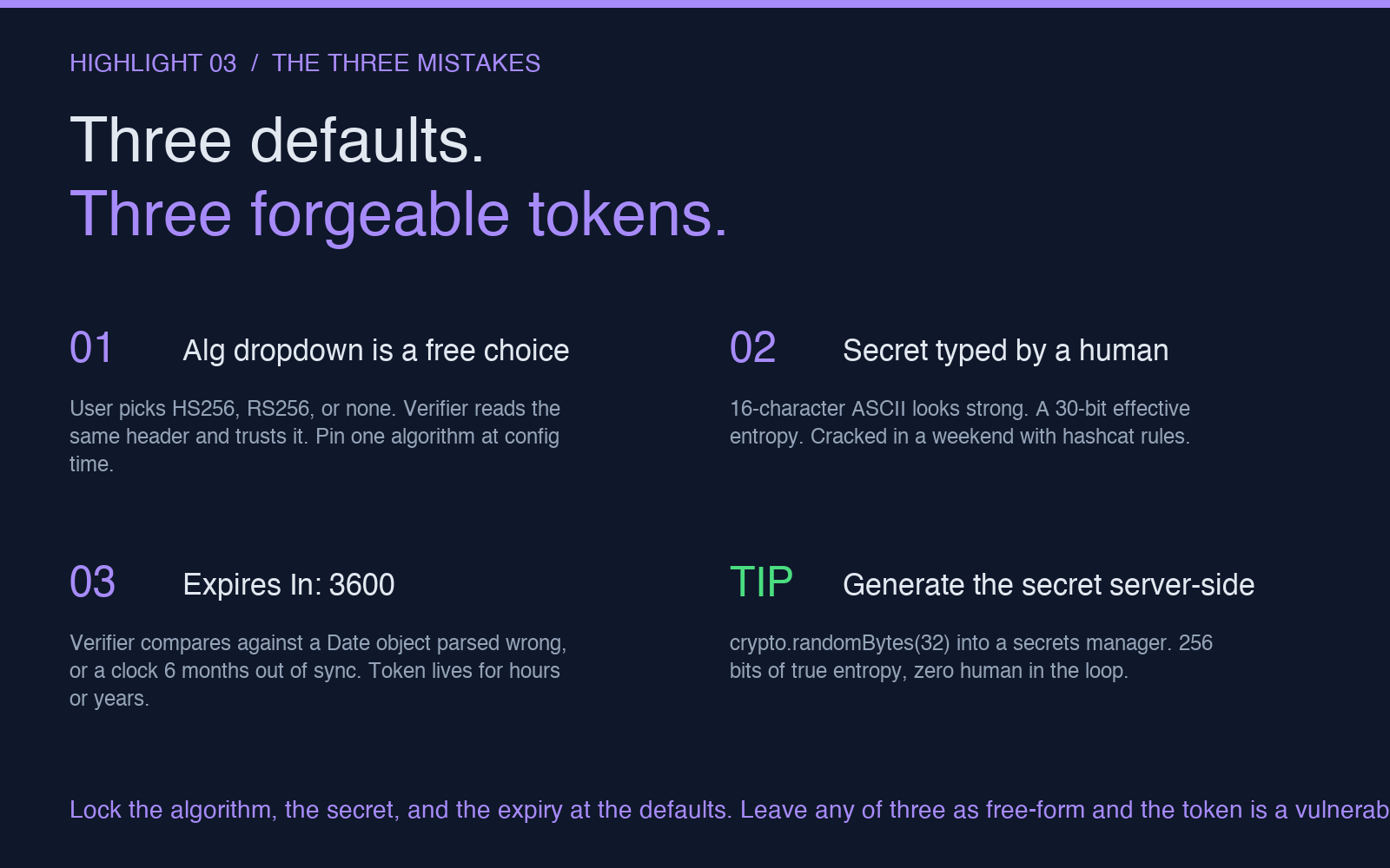 Three defaults three forgeable tokens