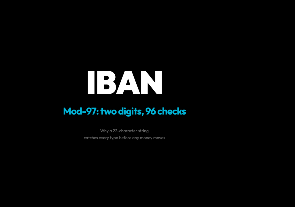 IBAN mod-97 check: two digits, 96 checks for cross-border bank account numbers