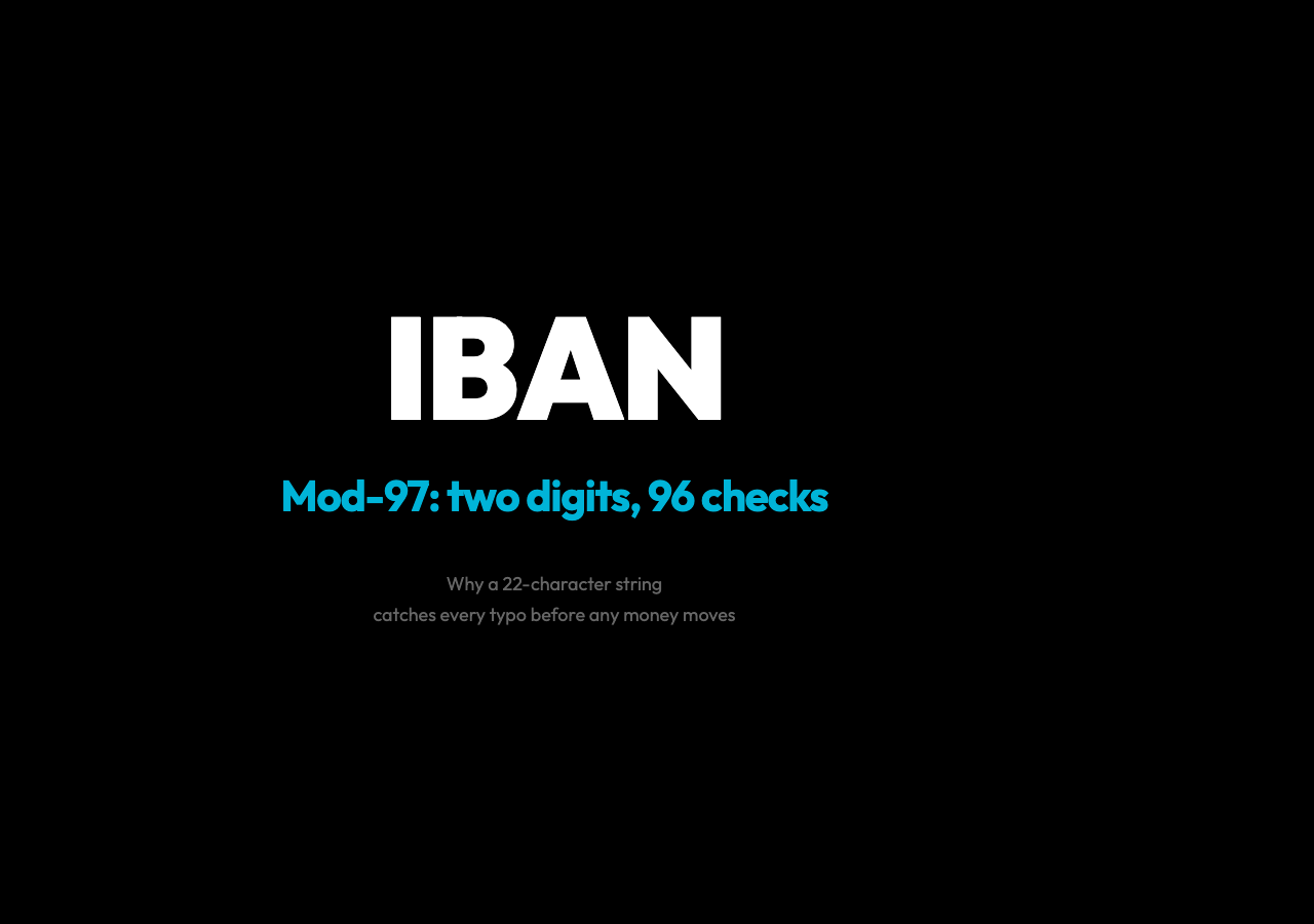 IBAN mod-97 check: two digits, 96 checks for cross-border bank account numbers