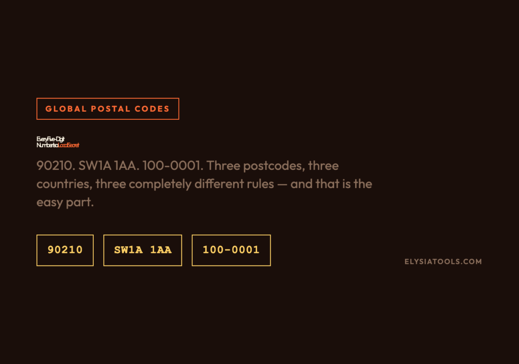 Why every postal code is a local secret: 90210, SW1A 1AA, and 100-0001 — three countries, three rules