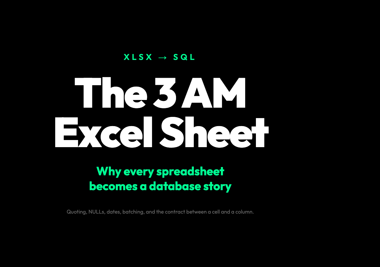 The 3 AM Excel Sheet: every spreadsheet becomes a database story. Quoting, NULLs, dates, batching, and the contract between cell and column.