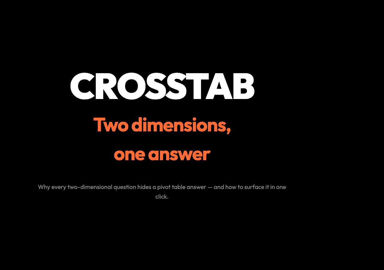 Crosstab: Two dimensions, one answer — why every two-dimensional question hides a pivot table answer.