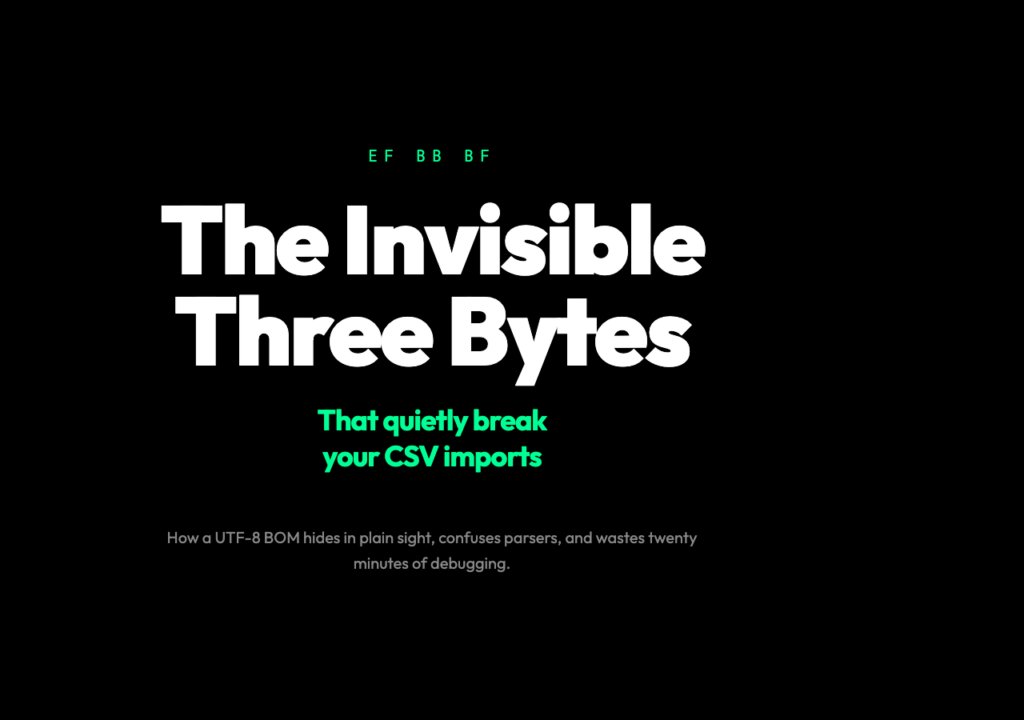 Hero poster for BOM Character Remover article: the invisible three bytes (EF BB BF) that quietly break CSV imports.