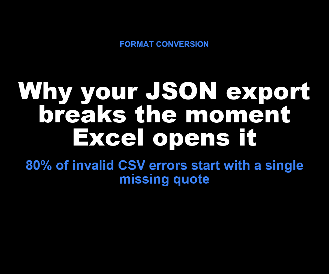 Why your JSON export breaks the moment Excel opens it — feature cover for an article on JSON-to-CSV conversion pitfalls, RFC 4180 quoting, and Excel compatibility.