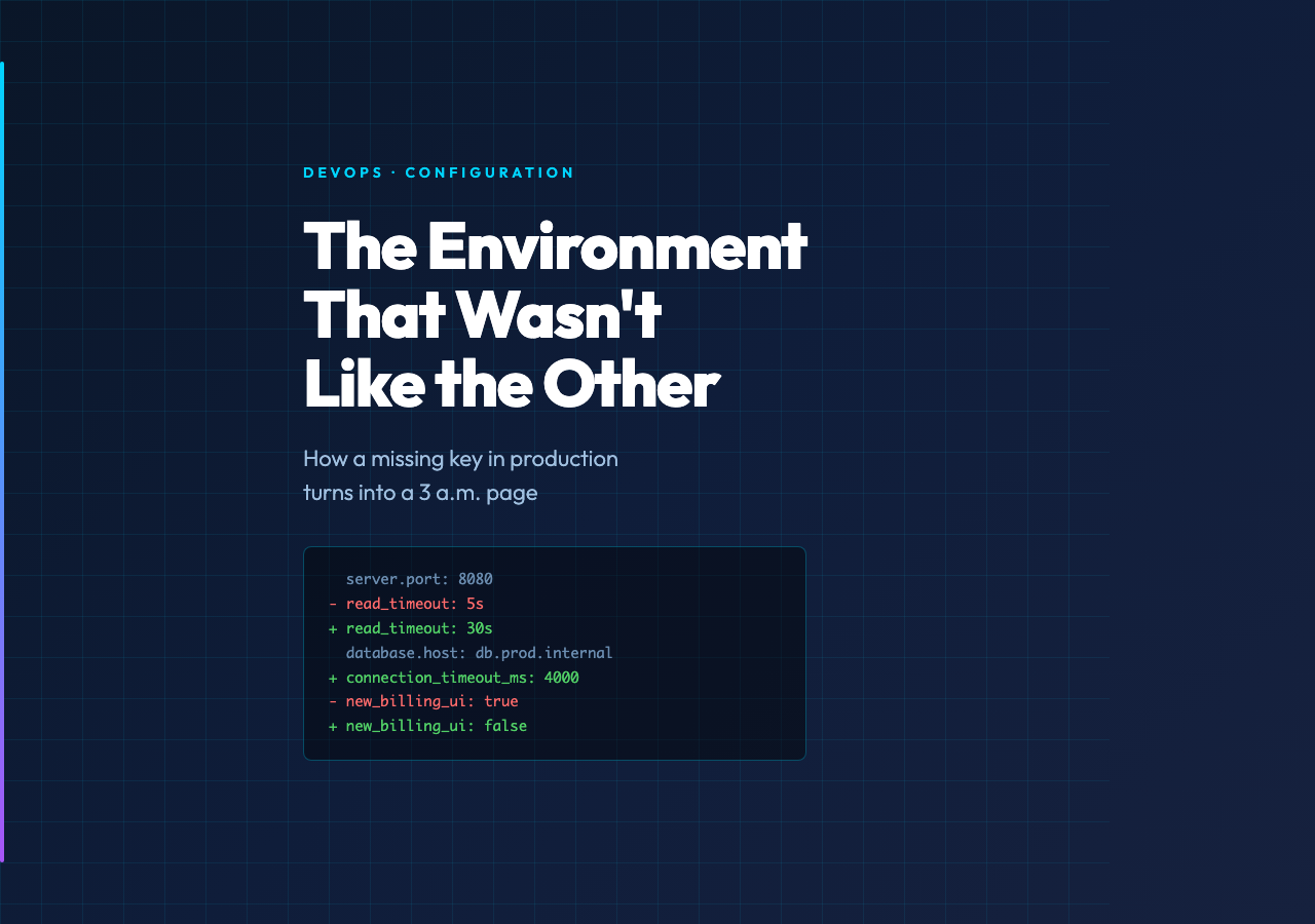Cover image showing a YAML config diff between staging and production environments