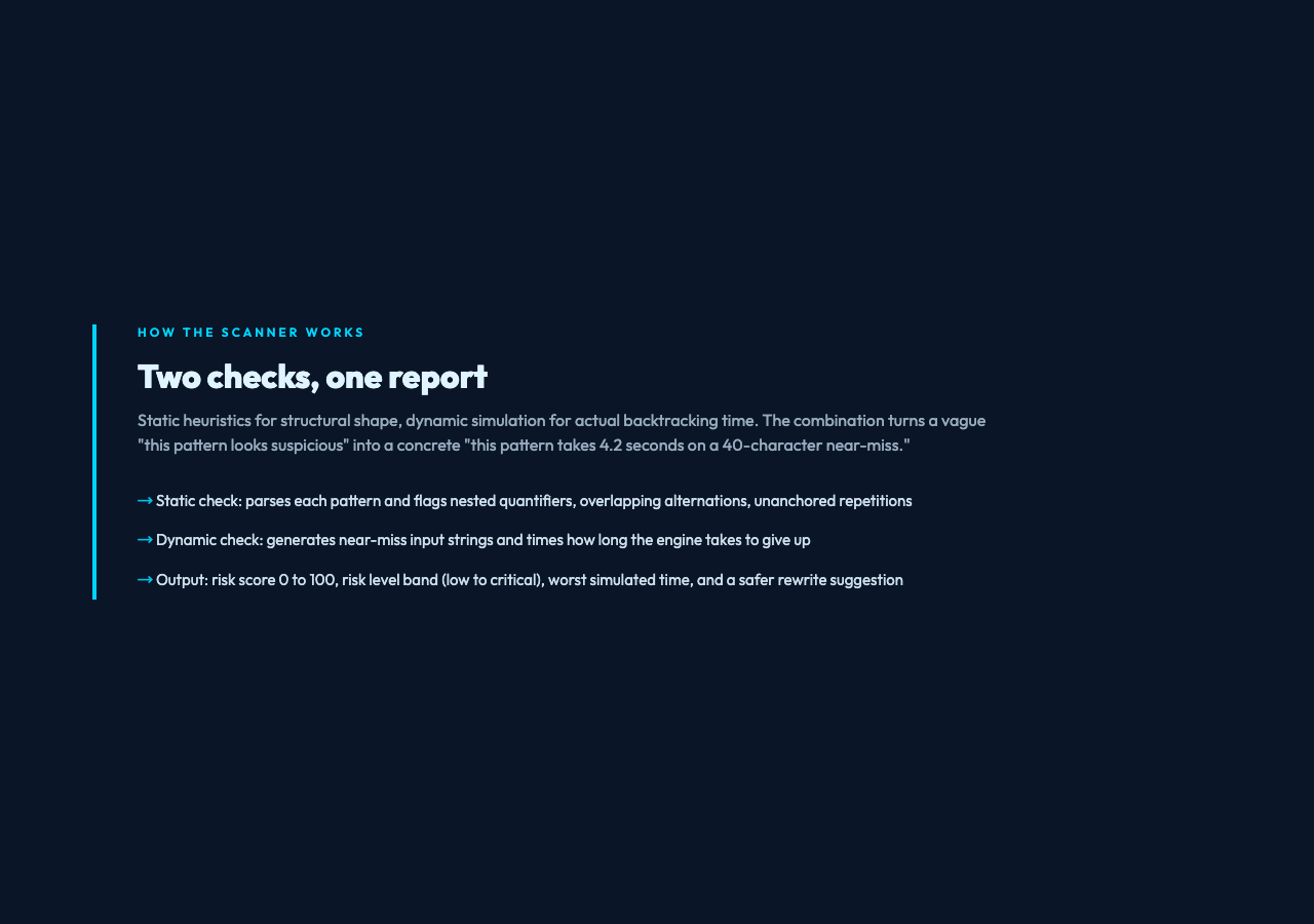 How the ReDoS scanner works: two checks and one report