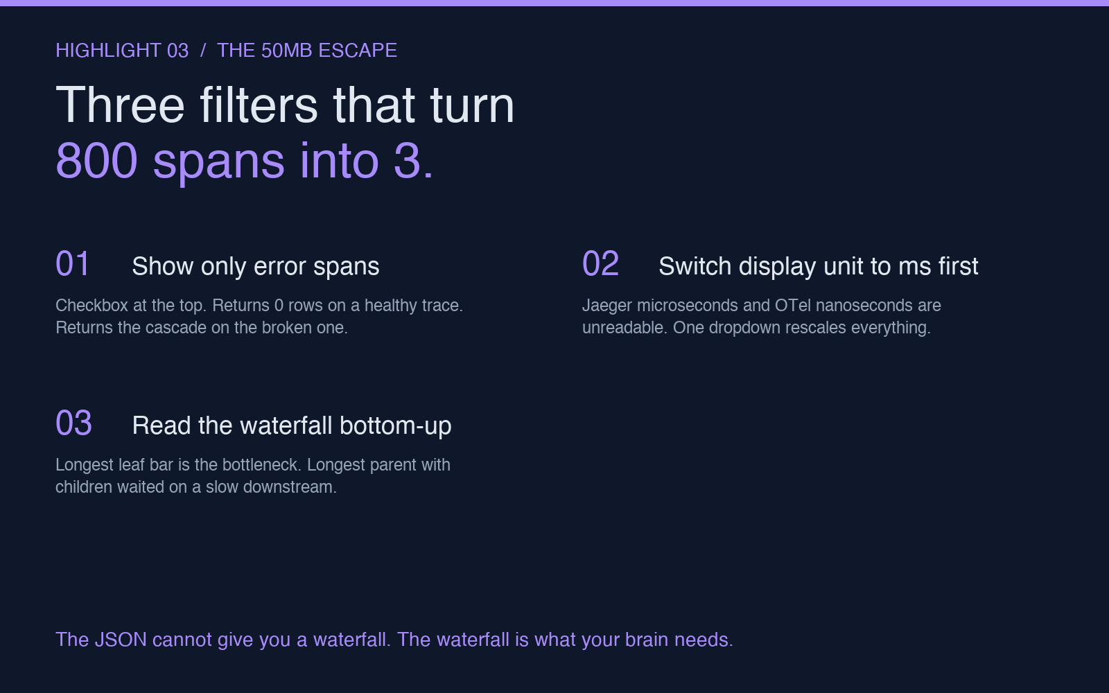 Three filters that turn 800 spans into 3: error only, ms unit, bottom-up reading