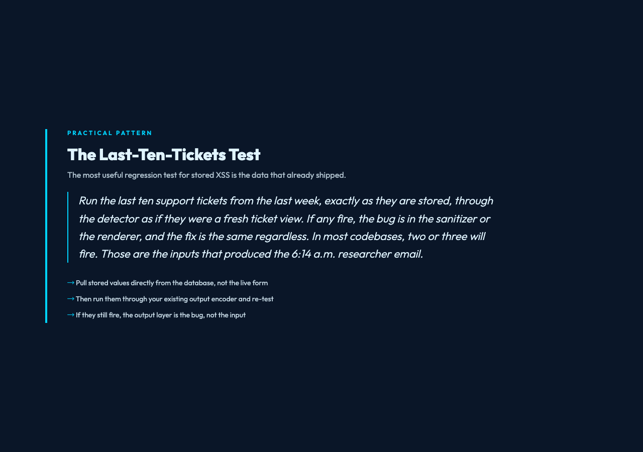 Last ten tickets regression test pattern
