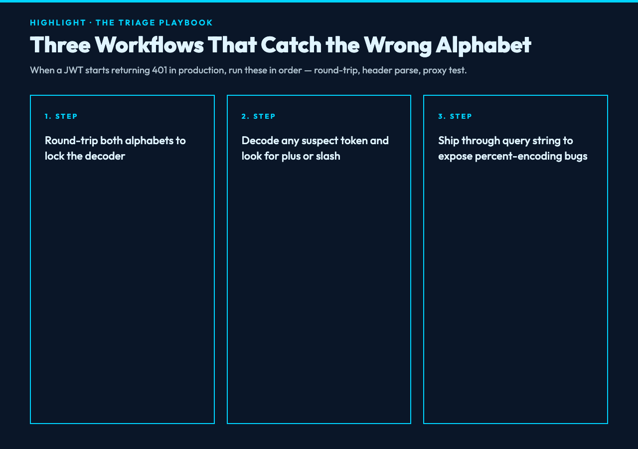 Three-workflow triage card: round-trip test, header parse test, proxy test