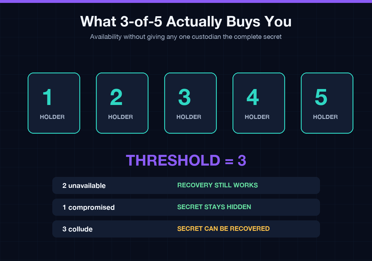 Availability and compromise properties of a 3-of-5 secret sharing policy
