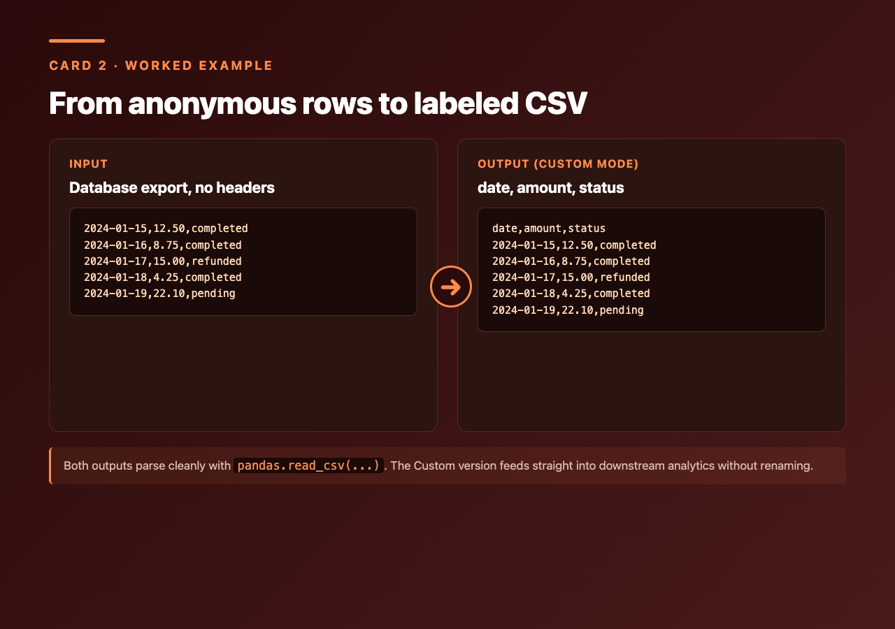 Worked example: anonymous database rows on the left, labeled CSV output with date/amount/status on the right
