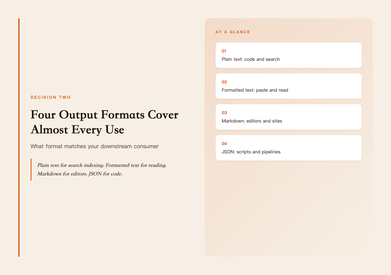 PDF Text Extractor highlight card two — the four output formats and when to use each